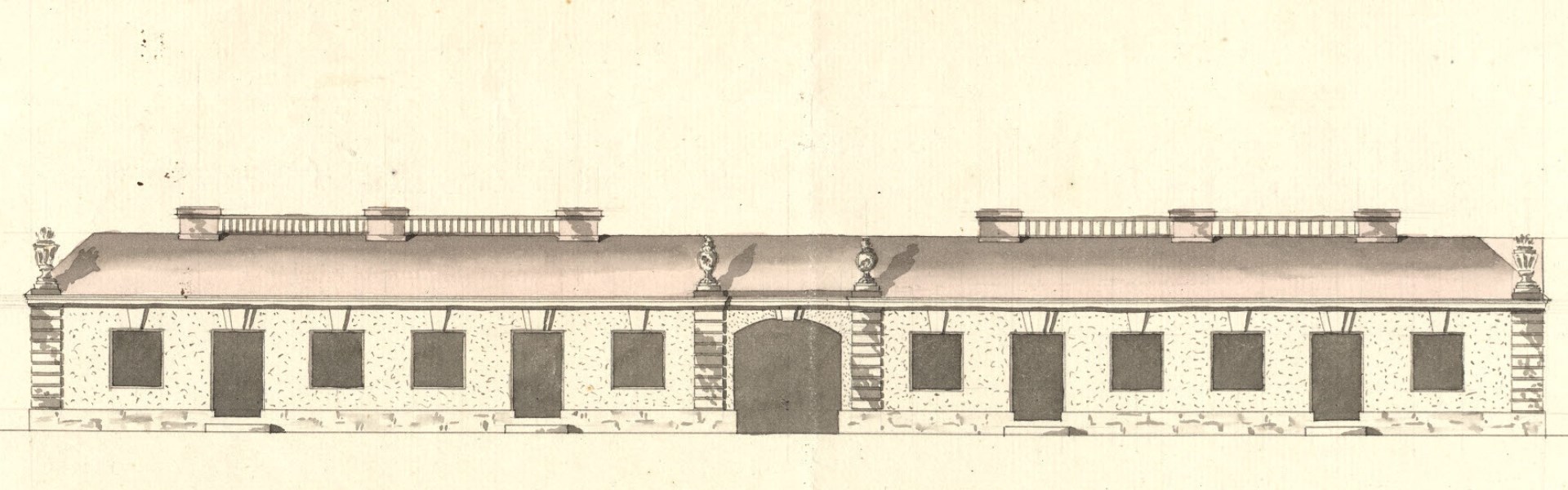 Illustration som visar en byggnad på 1700-talet.