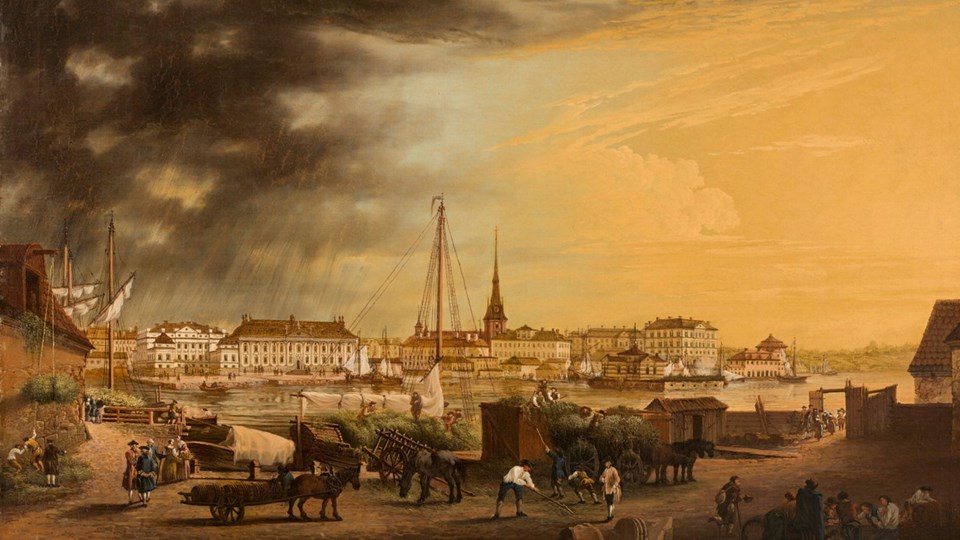 Stockholms hamnmiljö med båtar och arbetare på 1760-talet.