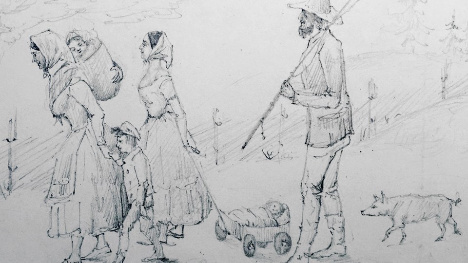 Teckning av familj som vandrar 1840-tal.