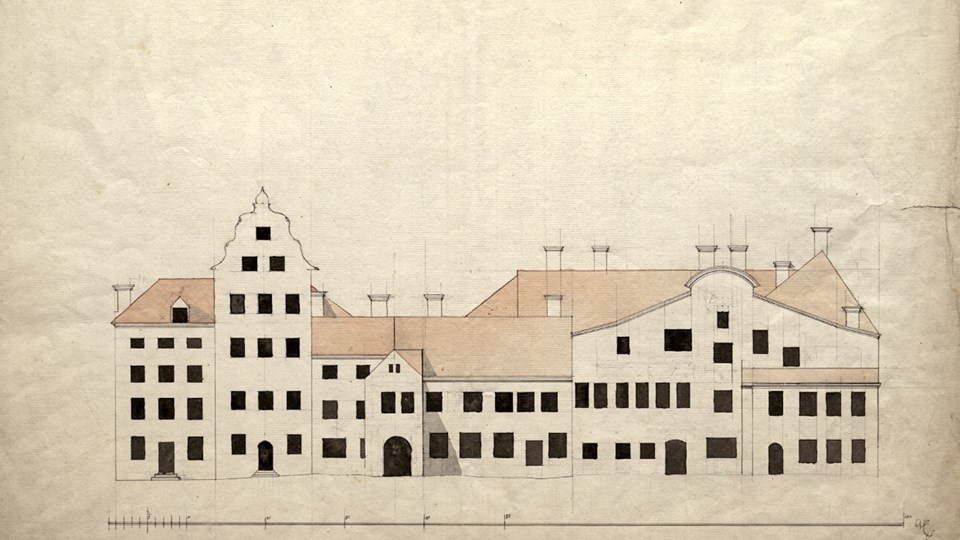 Ritning av Gamla rådhuset vid Stortorget, 1720-tal