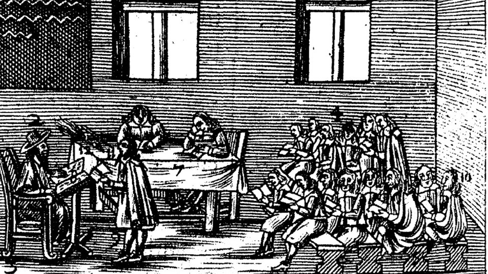 Illustration som visar undervisning på 1600-talet.
