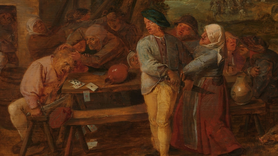 Målning av slagsmål i krogmiljö på 1600-talet.