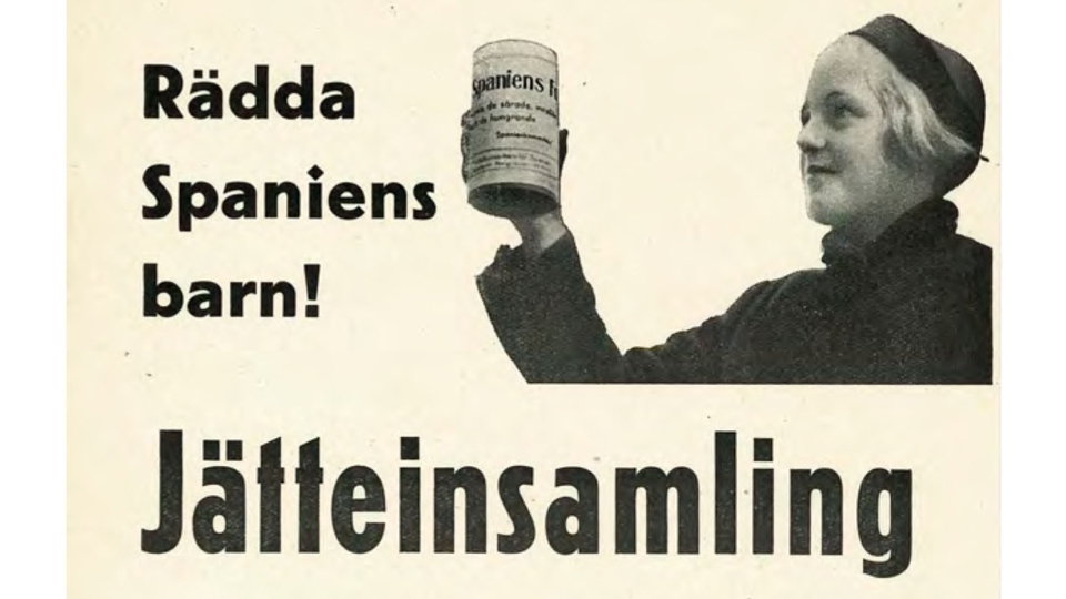 Flygblad som visar en kvinna som samlar pengar i en bössa.