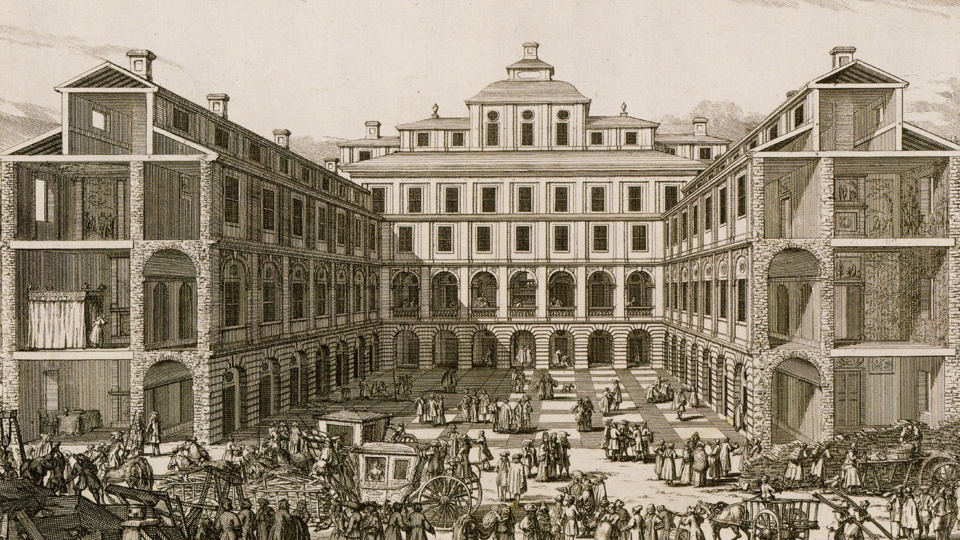 Kopparstick över Stadshus i stadsmiljö på 1600-talet.