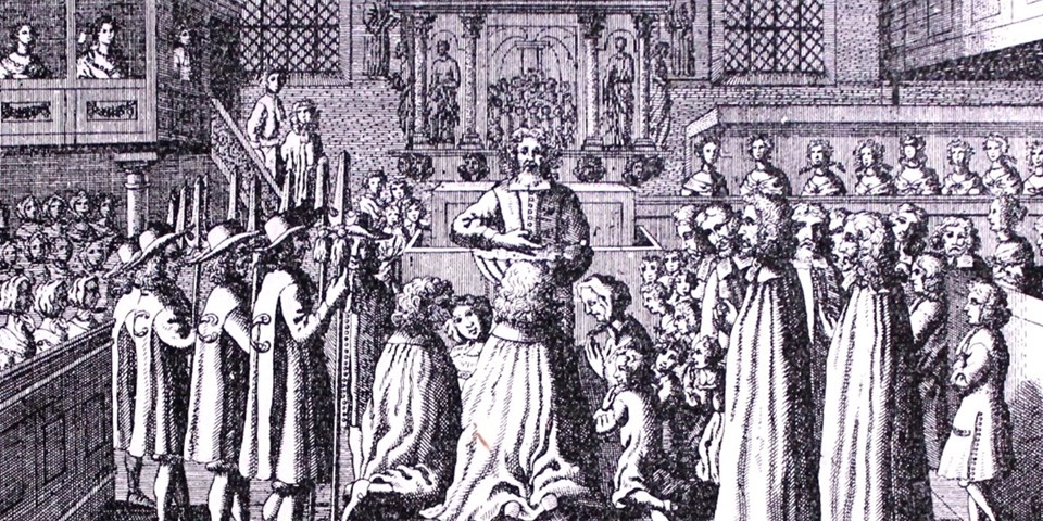 Illustration över dop i kyrka på 1600-talet. 