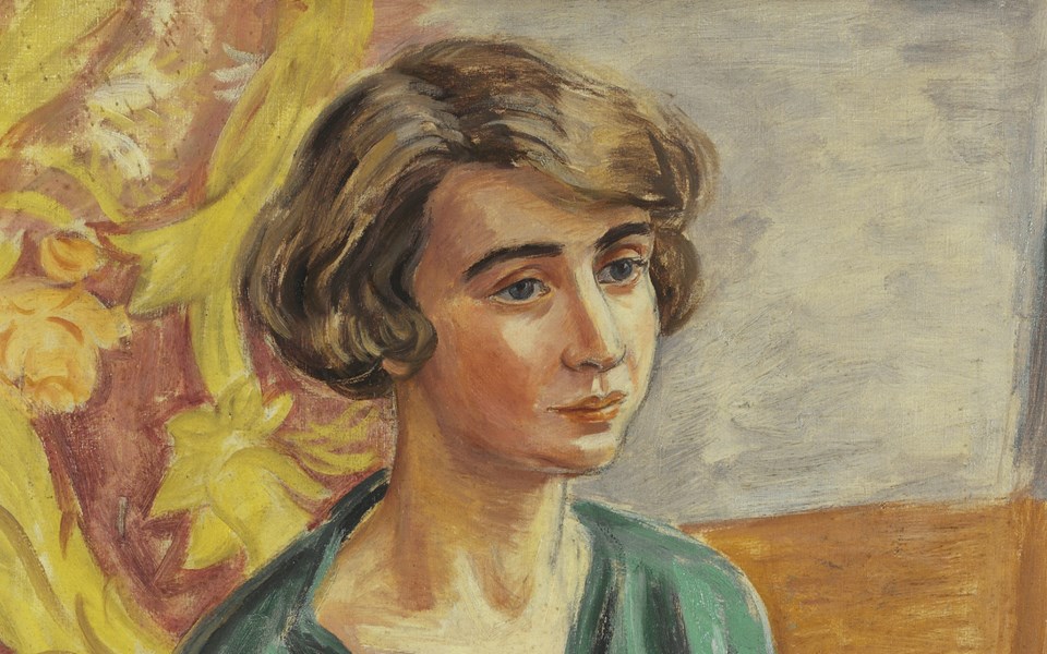 Ett målat porträtt av en kvinna.