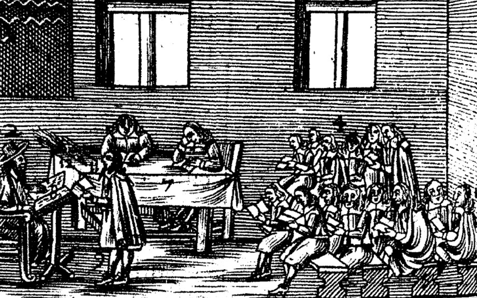 Illustration som visar undervisning på 1600-talet.
