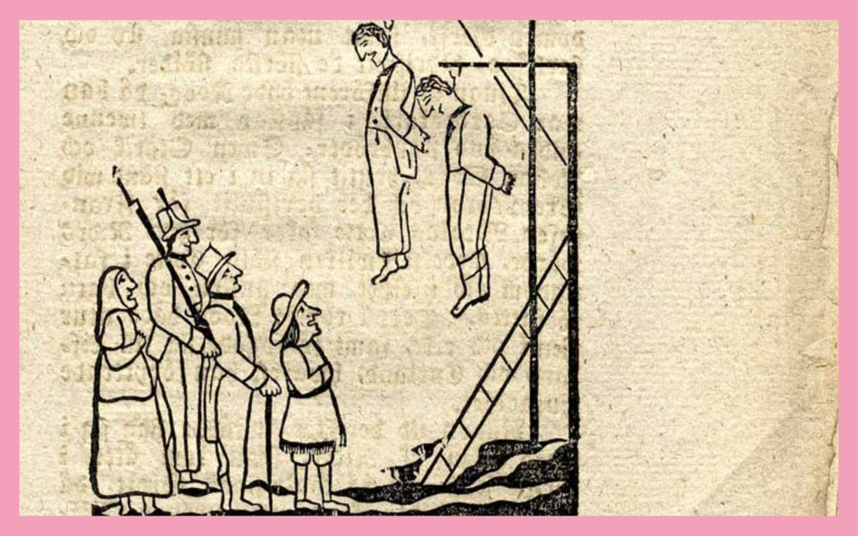Illustration av två män som hängs i snaror framför en folksamling på några personer. Skillingtryck.