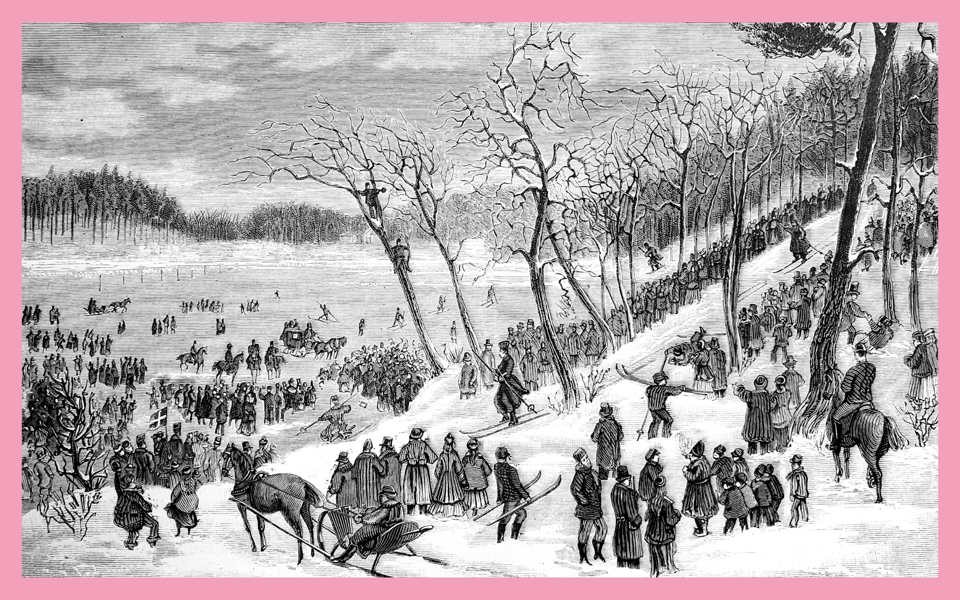 En samling människor på skidtävling på sent 1800-tal. Illustration.