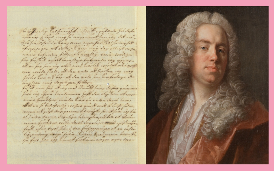 Kollage med brev och målat porträtt av man.