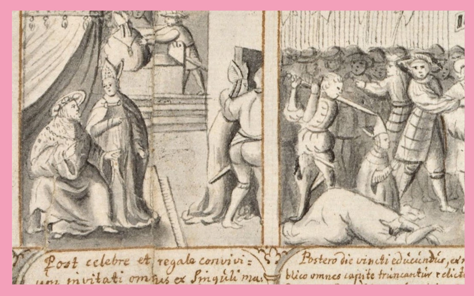 Utsnitt från gravyr på 1600-talet som visar män som samtalar.