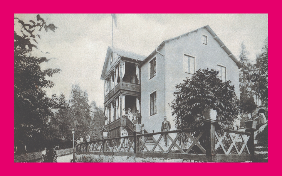 Vykort som visar villa och personer.