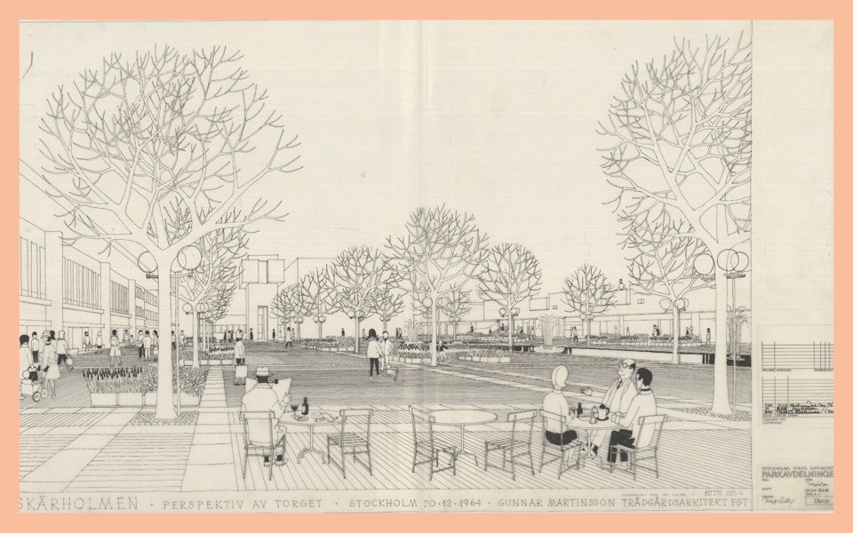 Skiss över människor på torg.