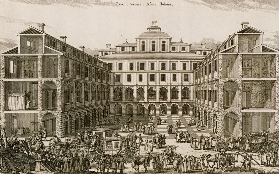 Kopparstick över Stadshus i stadsmiljö på 1600-talet.