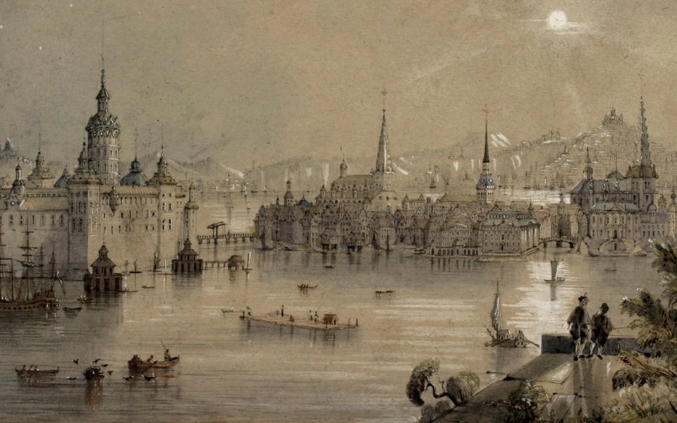 Akvarell över stad vid vatten på 1600-talet.