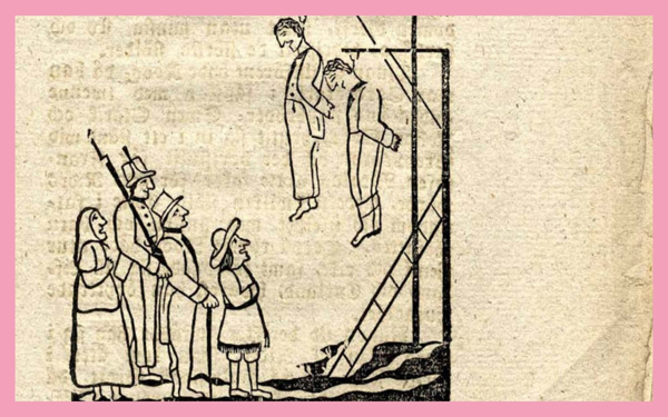 Illustration av två män som hängs i snaror framför en folksamling på några personer. Skillingtryck.