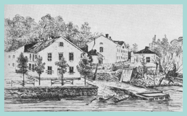 Illustration av olika hus vid Heleneborg på sent 1800-tal.