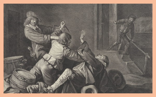 Illustration av män i knivslagsmål på 1600-talet.