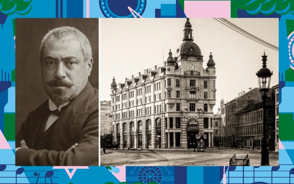 Kollage med porträtt av man och foto på hus med en ram av blå illustrationer.