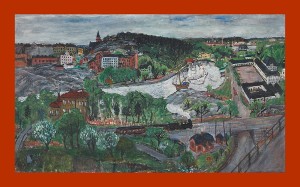 Utsikt över stad och park. Oljemålning.
