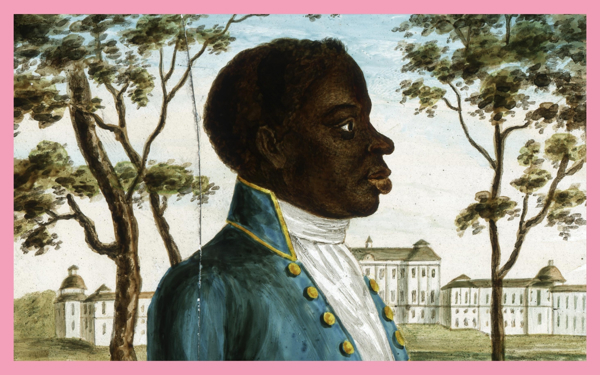 Illustrerad bild av man vid slott.