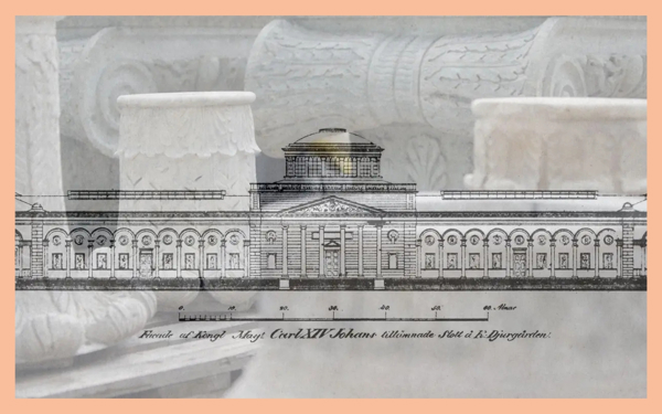 Montage med marmordelar foto. Och byggnadsritning.