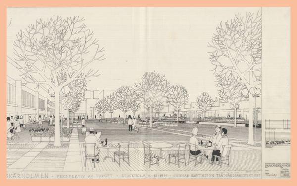 Skiss över människor på torg.